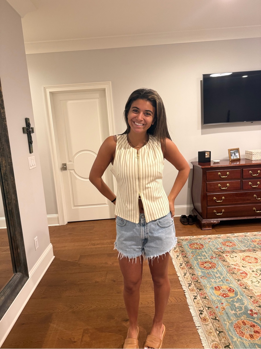 Anthropologie Cream and Black Pinstripe Sleeveless Button Tank
